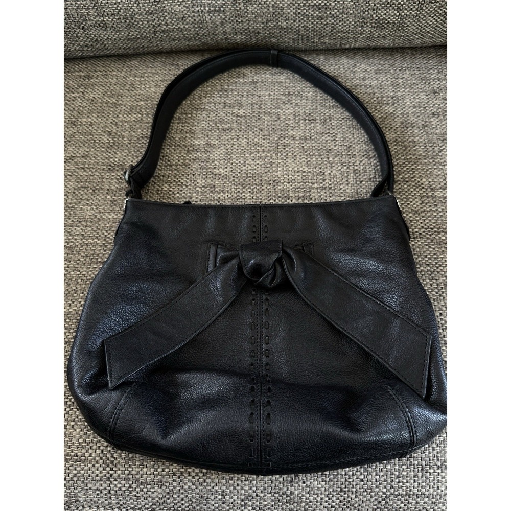 Brighton Cleo Bow Leather Large Metallic Black Shoulder Bag Side Pockets 16x12"
